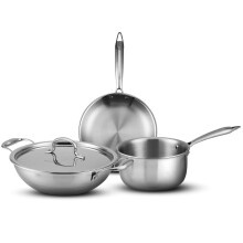 Agaro Regency Triply Cookware Set Of 3, 24 Cm Kadai With Stainless Steel Lid, 22 Cm Frying Pan & 16 Cm Saucepan, 2.5 Mm Thick Body, Induction & Gas Co