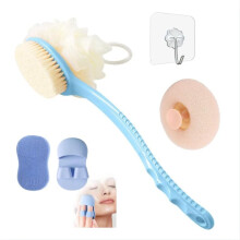 2-In-1 Loofah & Bristle Bath Brush - Curved Back Scrubber With Long Handle For Body Cleaning, Dry Brushing & Shower Use