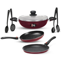 Milton Pro Cook Kitchen Pride Plus Granito I Set Of 7 Non Stick Cookware | Non Induction I Cooking Pan, Kadhai With Lid, Tawa, Nylon Laddle & Spatula