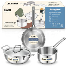 Kraft Futuretec 4 Pcs Triply Stainless Steel Cookware Set | 22Cm (2.4 L) Extra Deep Kadai With Lid, 22Cm (1.6 L) Frypan, 16Cm (1.6 L) Saucepan | Less