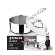 Bergner Argent Triply Saucepan With Stainless Steel Lid, 14Cm (1 L) Teapan/Milkpan, Stay Cool Cast Handle, Food Safe, Healthy Cooking, Durable, Easy T