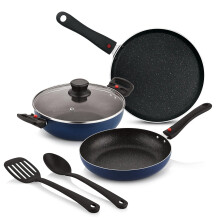 Bergner Sherry Plus 5-Layer Non-Stick Coating 6 Pcs Cookware Set With Induction Bottom And Detachable Handle, 24Cm/2.5L Kadai With Lid, 24Cm/1.6L Fryp