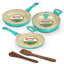 Impex Ceramic Cookware Set | 6 Pc Induction Base Non Stick Kadai Pan With Lid, Fry Pan, Tawa Pan And 2 Spatulas | Free From Ptfe, Pfoa And Heavy Metal