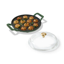 Cumin Co. Cast Iron Paniyaram Pan With Lid | Induction Base Cookware| 12 Cavities | 10 Years Warranty | Non Toxic Non Stick Pan For Appe/Paddu | Chemi