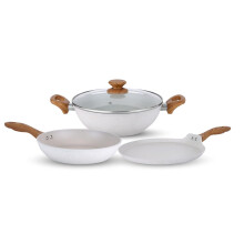 Salford Forged Non-Stick Set Of 3 + 1 (Kadai 24Cm + Frypan 24Cm + Tava 26Cm + Glass Lid) Soft Touch Wooden Handle I Induction Base I 2 Year Warranty,