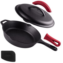 Cuisinel Cast Iron Skillet With Lid - 10"-Inch Pre-Seasoned Covered Frying Pan Set + Silicone Handle And Lid Holders + Scraper/Cleaner - Use Indoor/Ou