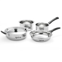 Lifelong 4 Pc Stainless Steel Cookware Set | 2.2L Kadhai With Lid 22Cm | 1.4L Fry Pan 22Cm | 1.2L Saucepan 14Cm |1.4L Tope 16Cm | Comes With Common Li