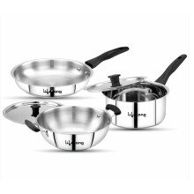 Lifelong 5 Piece Stainless Steel Cookware Set | 2.2L Kadhai With Lid 22Cm | 1.4L Fry Pan 22Cm | 1.2L Saucepan 16Cm | Comes With Two Lid | Induction &