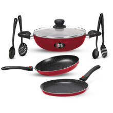 Milton Pro Cook Kitchen Pride Plus Granito I Set Of 7 Non Stick Cookware | Non Induction I Cooking Pan, Kadhai With Lid, Tawa, Nylon Laddle & Spatula
