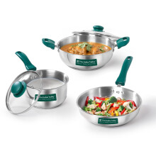 The Indus Valley Stainless Steel Impact Bonded Bottom Cookware Set Of 5 | Kadai 22Cm With Glass Lid + Fry Pan 22Cm + Saucepan 16Cm With Glass Lid | Gr