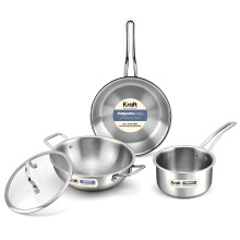 Kraft Futuretec 4 Pcs Triply Stainless Steel Cookware Set Combo | 22Cm Kadai With Glass Lid 2.4 L, 22Cm Frypan 1.6 L, 14 Cm Saucepan 1.2 L | Less Oil,