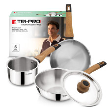 Tripro Triply 4 Pcs Cookware Set - Frypan 22Cm, Saucepan 14Cm (1.2L), Wok With Stainless Steel Lid 22Cm (2L), Sturdy Wooden Handle, Less Oil, Healthy