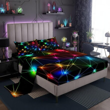 Manfei Rainbow Neon Lights Fitted Sheet Set With 2 Pillowcase,Colorful Glowing Crossed Stripes (Not Glowing) Bed Sheet Teens,Geometric Modern Top Flat