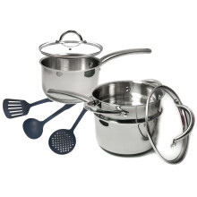 Stainless Steel Saucepan Glass Lid Steel Handle Induction Impact Bonded 8 Pcs Set Steamer
