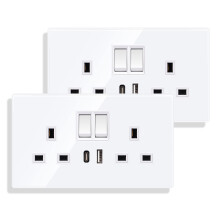 2 Pack 13A Double Wall Socket with USB A & Type C, UK Switched Electrical Socket, Crystal White Glass Panel, 250V Power Outlet