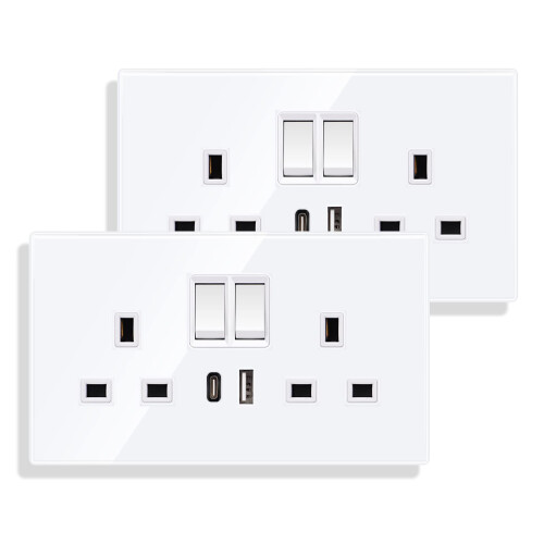 2 Pack 13A Double Wall Socket with USB A & Type C, UK Switched Electrical Socket, Crystal White Glass Panel, 250V Power Outlet
