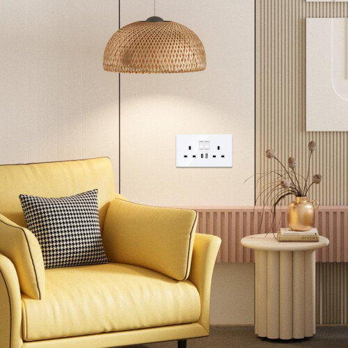 2 Pack 13A Double Wall Socket with USB A & Type C, UK Switched Electrical Socket, Crystal White Glass Panel, 250V Power Outlet 2