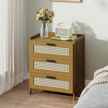 3-Drawer Narrow Bamboo Bedside Table with Plastic Rattan Details