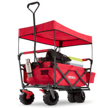 AREBOS Foldable handcart with roof | tool trolley incl. 2 mesh pockets & one outer pocket | front wheel brake | up to 100 kg load capacity | red