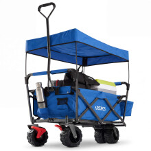 AREBOS Foldable handcart with roof | tool trolley incl. 2 mesh pockets & one outer pocket | front wheel brake | up to 100 kg load capacity | blue