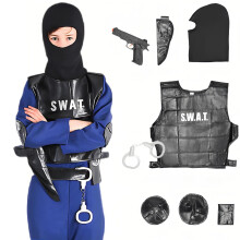 Misvayli Kids SWAT Costume Set, Tactical Police Role Play Outfit with Vest, Toy Gun & Handcuffs, Halloween Fancy Dress Ages 5-12