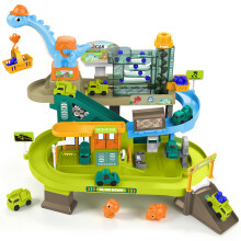 Dinosaur Electric Track Toy for Kids with Sound Multi Level Racing Track with Climbing, Curved Track, Rotary Crane & Repair Station