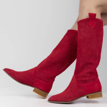 (43, Red) Low Heel Cowboy Knee High Boots Size 35-44