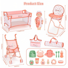 Baby Doll Stroller Playset with 12" Doll, Crib & High Chair Complete Nursery Set with Accessories & Storage Bags