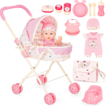 Baby Doll Pram Set with Doll, Travel Bag & Accessories  Foldable Stroller  12 Piece Nursery Care Set  Pretend Nurturing Role Play Toy