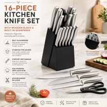 16Pc Stainless Steel Knife Set with Wooden Block