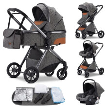 Carrozzina a ombrello di alta qualità 3 in 1, Carrozzine combinate per bambini - GLOKID - Seggiolini auto, navetta, con grande cesto - Grigio scuro