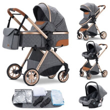 Carrozzina a ombrello di alta qualità 3 in 1, carrozzine combinate per bambini - GLOKID - seggiolini auto, navetta, con grande cestino - Grigio