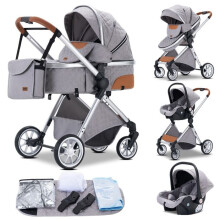 Carrito de alta calidad 3 en 1, Carrito combinado para bebé - GLOKID - Asientos de auto, capazo, con gran cesta - Gris claro