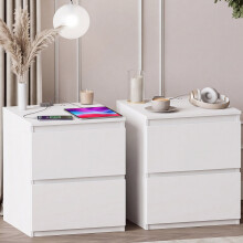(White) Denver 2 Drawer Large Bedside Chest with Power Outlet, Modern Nightstand Storage Table- Set of 2