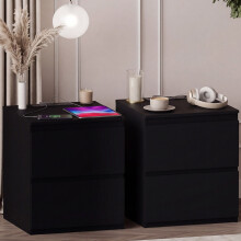 (Black) Denver 2 Drawer Large Bedside Chest with Power Outlet, Modern Nightstand Storage Table- Set of 2