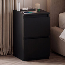 (Black) Denver 2 Drawer Bedside Chest with Power Outlet, Modern Nightstand Storage Table