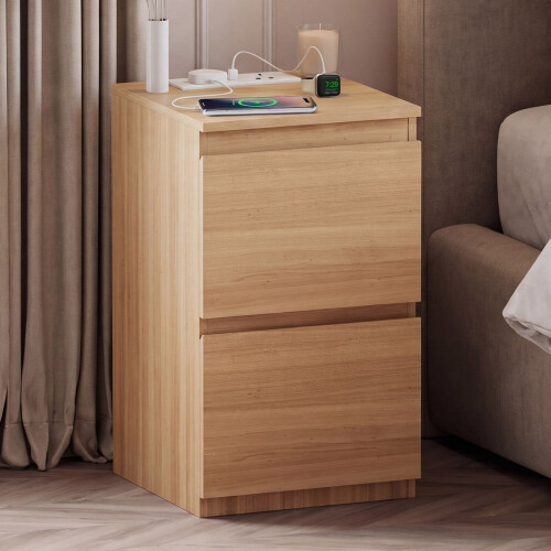Vida Designs (Pine) Denver 2 Drawer Bedside Chest with Power Outlet, Modern Nightstand Storage Table