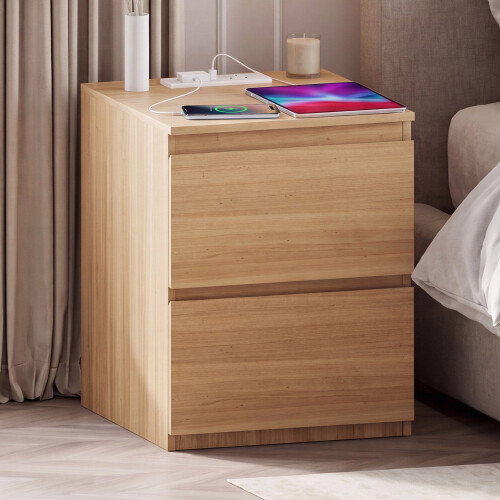 Vida Designs (Pine) Denver 2 Drawer Large Bedside Chest with Power Outlet, Modern Nightstand Storage Table