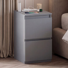 (Grey) Denver 2 Drawer Bedside Chest with Power Outlet, Modern Nightstand Storage Table