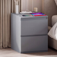 (Grey) Denver 2 Drawer Large Bedside Chest with Power Outlet, Modern Nightstand Storage Table
