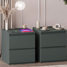 (Green) Denver 2 Drawer Large Bedside Chest with Power Outlet, Modern Nightstand Storage Table- Set of 2