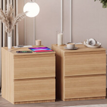 (Pine) Denver 2 Drawer Large Bedside Chest with Power Outlet, Modern Nightstand Storage Table- Set of 2