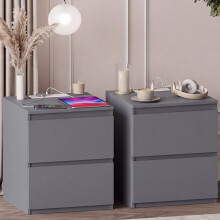 (Grey) Denver 2 Drawer Large Bedside Chest with Power Outlet, Modern Nightstand Storage Table- Set of 2