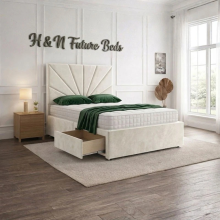 (Grey(With Mattress), 3ft Single(No Drawer)) Sunrise Panel Divan Bed Base Plush Velvet Upholstered Drawers Storage Bed 54" Headboard