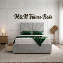 (Pink(With Mattress), 4ft6"Double(No Drawer)) Sunrise Panel Divan Bed Base Plush Velvet Upholstered Drawers Storage Bed 54" Headboard