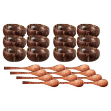 24 Pcs Bulk Polished Coconut Bowl and Wooden Spoon Sets Polished Coconut Salad Smoothie Bowls, Kitchen Dinnerware