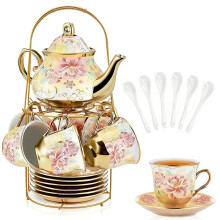 20 Pcs Vintage Porcelain Tea Set with Metal Holder, Floral Enamel Tea Cup Saucer Set, Coffee Tea Gift