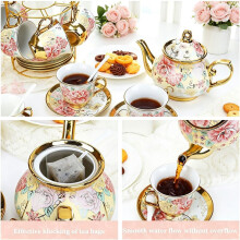 20 Pcs Vintage Porcelain Tea Set with Metal Holder, Floral Enamel Tea Cup Saucer Set, Coffee Tea Gift