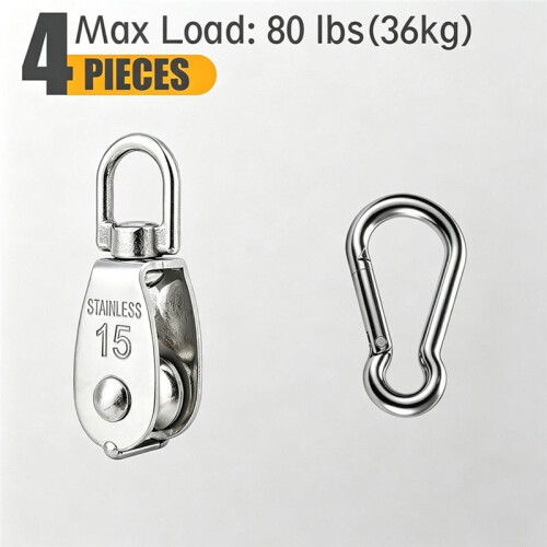 4Pcs M15 Single Pulley Block, Wire Rope Cable Pulley with Spring Snap Hook, Wire Towing Wheel 2