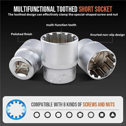 1/2 Inch Drive Multi-Tooth Torx Socket Set 19Pcs with Sizes 8-32 mm, Includes E10-E40 for Versatile Use 1